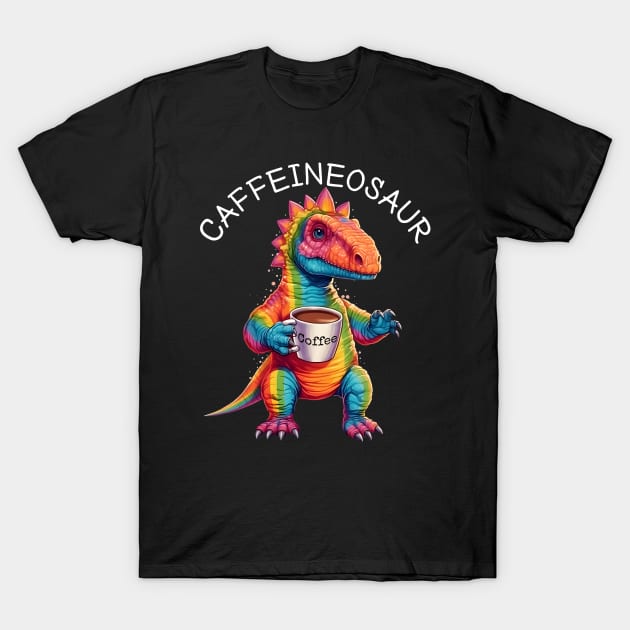 Rainbow Dinosaur T-Rex - Caffeineosaur - Kawaii Anime Dino & Coffee Lover T-Shirt by Ai Wanderer